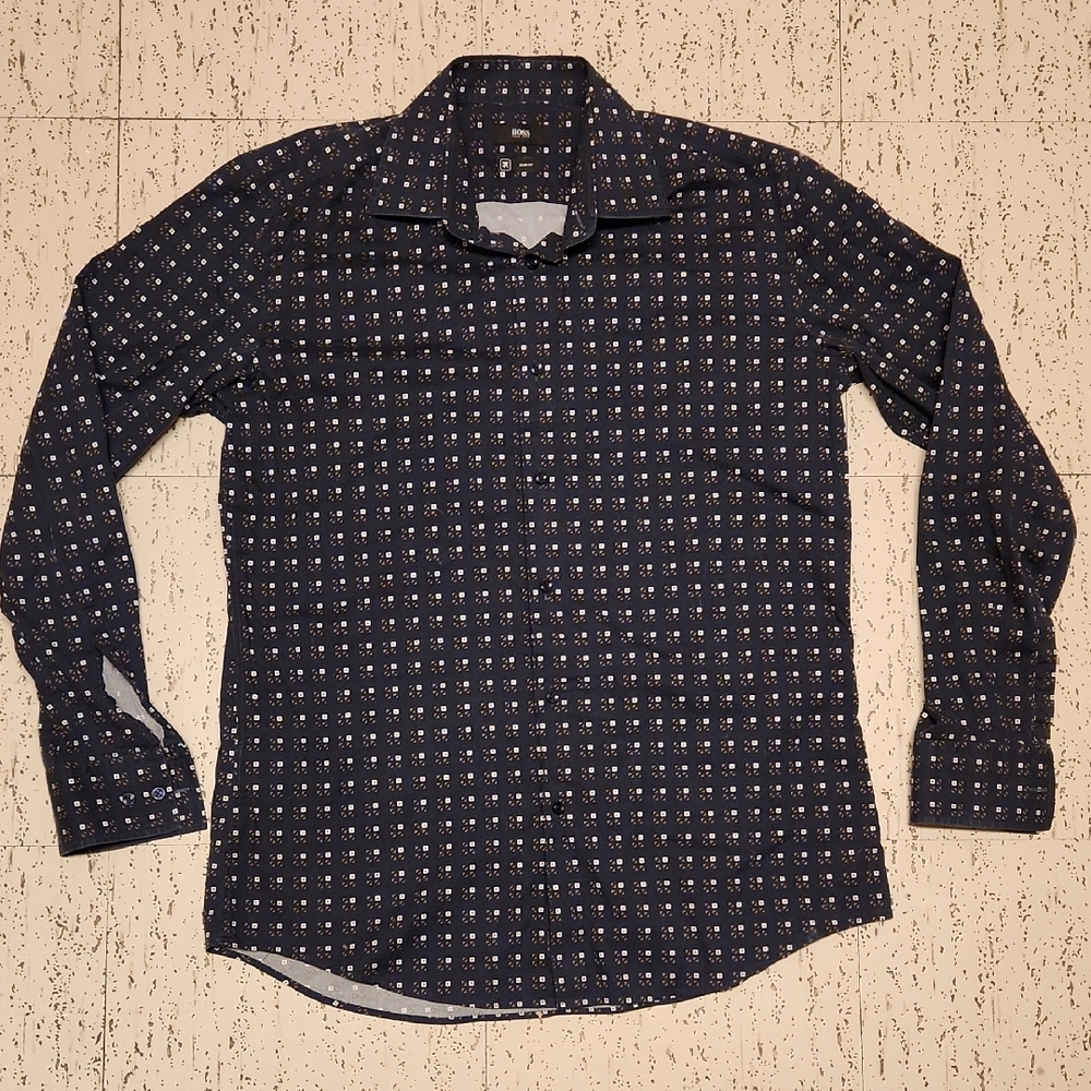 Hugo Boss Navy Blue Micro Print Button Down Long Sleeve Casual Dress Shirt
